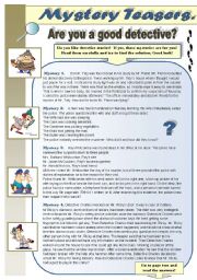 MYSTERY TEASERS! PART 1 - reading activity - amazing detective brain teasers for you and your students (WITH KEYS)