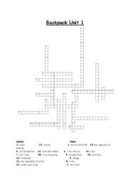 English Worksheet: Backpack Unit 1 Crossword