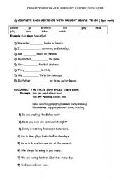 English worksheet: prsent simple and continuous quiz