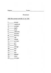 English worksheet: Articles 