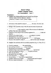 English worksheet: vocabulary on subjects and use of prepositions