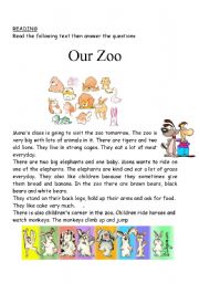 our zoo reading activity or test