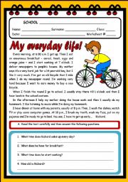 English Worksheet: MY EVERYDAY LIFE! ( 2 PAGES )