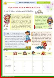 The 1st 45-minute-lesson (of 2) on the topic New Years Resolutions -- Reading Comprehension for Upper Elementary and Lower intermediate students