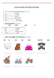 English worksheet: the first written exam for the fourth grade