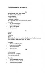 English worksheet: at in on