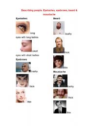 Describing people. Pictionary. Eyebrows, eyelashes, moustache, beard