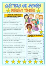 English Worksheet: PRESENT TENSES MAKING QUESTIONS AND ANSWERING