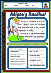 English Worksheet: ALISONS ROUTINE - 2 PAGES