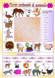 Farm Animals and sounds (voices) - wordsearch + matching + song (gap-filling, listening and writing) + speaking activity + useful links - 3 pages - KEYS INCLUDED - FULLY EDITABLE