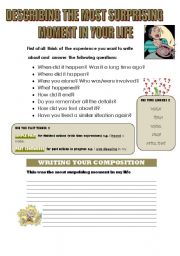 English Worksheet: DESCRIBING THE MOST SURPRISING MOMENT IN YOUR LIFE(WRITING GUIDE)