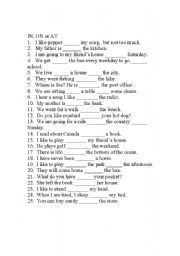 English Worksheet: IN - ON - AT