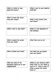 English worksheets: Question Cards - Your Neighborhood - Prepositions ...