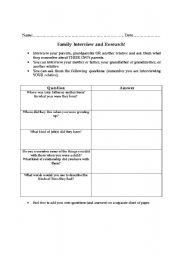 English Worksheet: Family Interview and Research