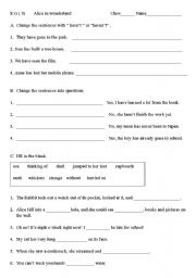 English worksheet: Present Perfect  and Alices Adventure in Wonderland  Ch1