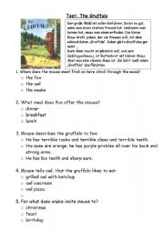 English Worksheet: Questions - Test : The Gruffalo