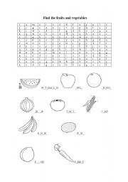 English worksheet: Find the fruits