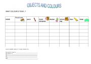 English worksheet: objects and colours mingler