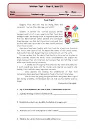 written test (4 pages) about fast food/ healthy/ unhealthy food