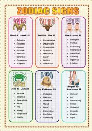 Zodiac Signs and Adjectives - Speaking (3  sheets)