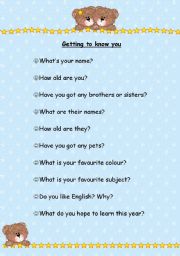 English worksheet: getting to know you...