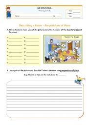 English Worksheet: Describing a room  using there is/there are + prepositions of place