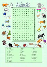 Animals wordsearch worksheets