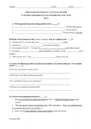 English Worksheet: test - simple present tense vs present continuous tense