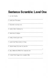 English worksheet: Sentence Scramble-Level One Vocabulary