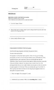 English worksheet: paragraph writing quiz