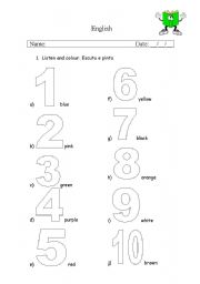 English Worksheet: Numbers and coulors