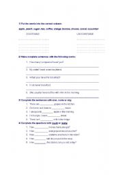 English Worksheet: countable/uncoutable