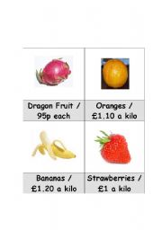 English Worksheet: Fruit shopping game vocabulary cards