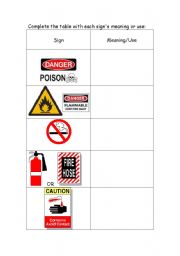 English worksheet: Warning Signs and Symbols