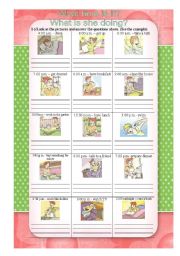English Worksheet: What time is it?  -  what is she doing?