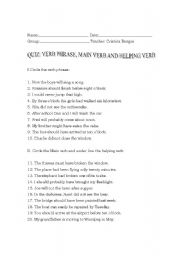 English worksheet: Quiz: verb phrase, helping verb and main verb