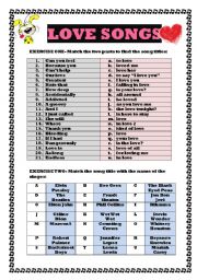 LOVE SONGS. matching game (4 pages with cCUT OUT version answer key ...