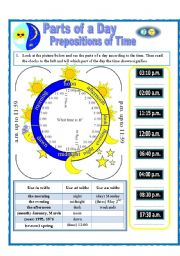 English Worksheet: Parts of a Day and Prepositions of Time (on, at, in)