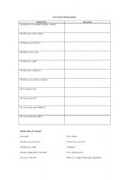 English worksheet: Personal information sheet - ice breaker or revision exercise