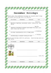 English worksheet: December Holidays