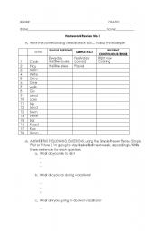 English worksheet: Simple Past, Simple Present, Present Continuous, Future Review