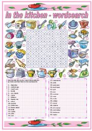 IN THE KITCHEN - UTENSILS AND APPLIANCES- WORDSEARCH (B&W VERSION INCLUDED)