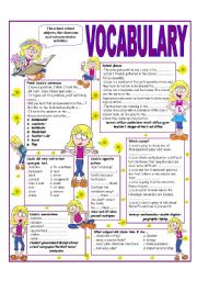 English Worksheet: RECYCLING VOCABULARY - TOPIC: THE SCHOOL - THE CLASSROOM - SCHOOL SUBJECTS AND EXTRA CURRICULAR ACTIVITIES - Elementary & up.