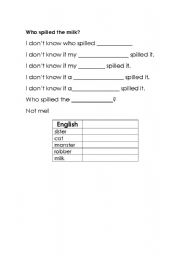 English Worksheet: Who spilled the milk?