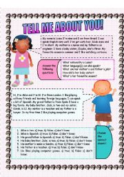 English Worksheet: Tell me about you! Reading comprehension and guided writing exercise (2 sheets)