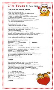 Song Worksheet: I'm Yours by Jason Mraz  Coordinate adjectives, Linking  verbs, Prepositional phrases