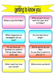 English Worksheet: conversation cards (40 questions on getting to know you) 6th in the series