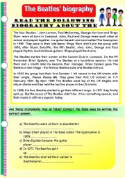 The Beatles biography. Reading comprehension plus various exercises on different verb tenses. (Editable)