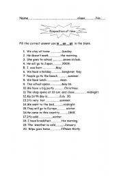 English Worksheet: in on at