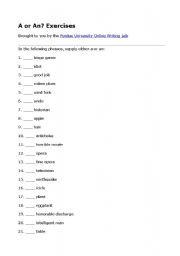 English worksheet: put in a or an